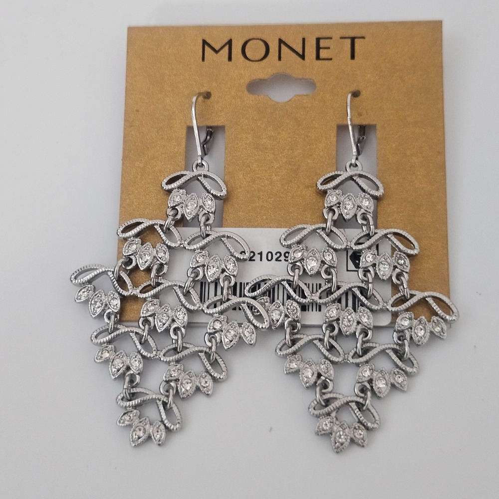 Monet Silver Tone Crystal Chandelier Earrings NWT